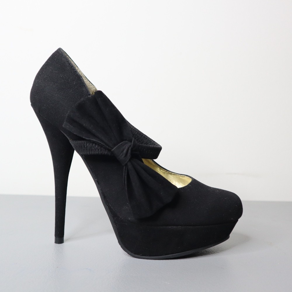 Bumper Black Suede Platform High Heels With Bow Accent Size 7