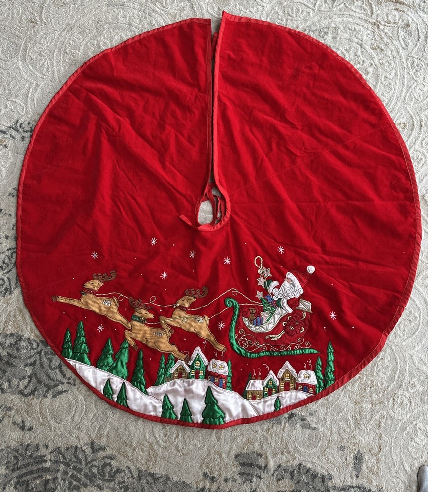 Vintage Prima Creations Santa Reindeer Bells Embroidered Tree Skirt Gorgeous