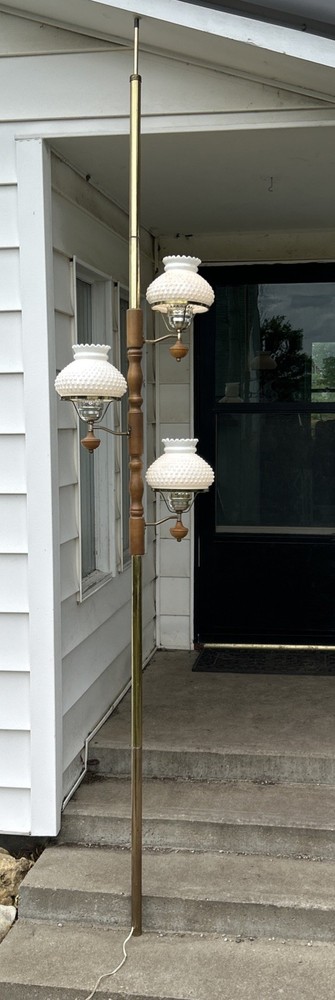 Vintage Tension Rod Pole 3 Way Lamp Milk Glass Hobnail Shades Brass Tone Pole