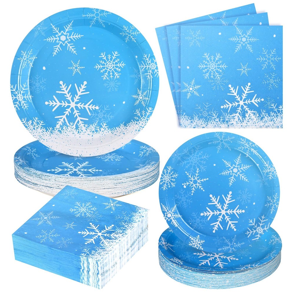 200 Pcs Christmas Paper Plates and Napkins, Christmas Snowflake Blue Plates a...