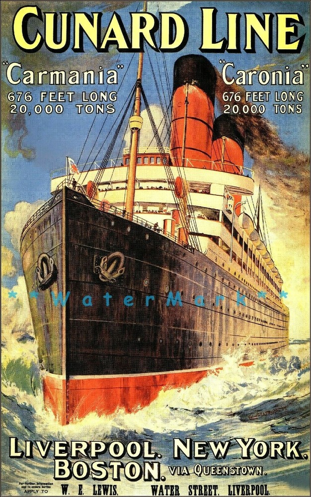 Cunard Ship Line 1905 Liverpool New York Boston Vintage Poster Print Retro Art