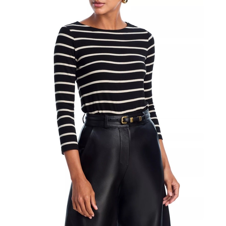 L'AGENCE Women Black/Ivory Striped Tencel Rib Knit Lucille Boatneck Top Size S