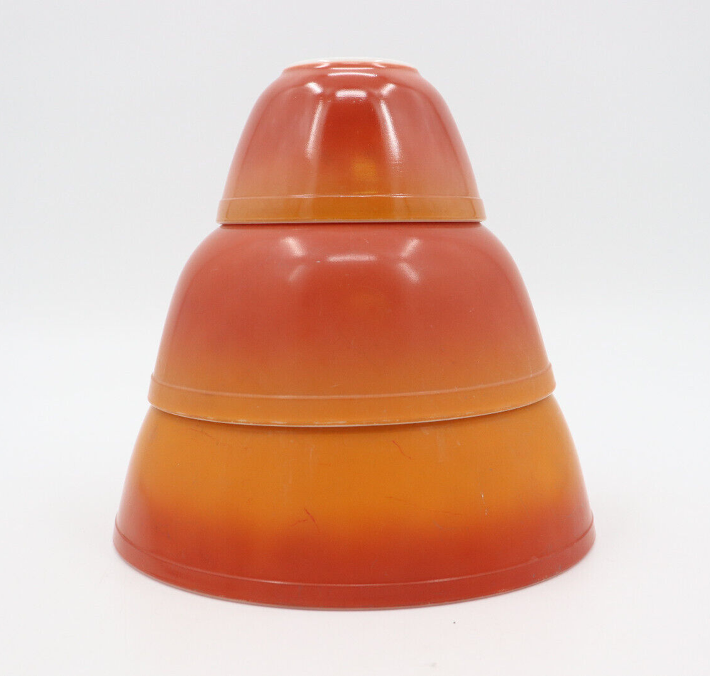 Vintage 60s Flameglo Pyrex Nesting Mixing Bowls Red Orange Ombre Set