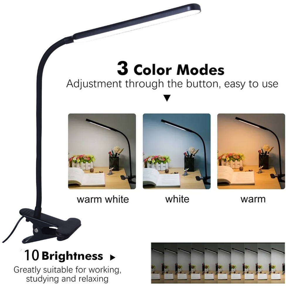 LED Desk Lamp Dimmable Adjustable Lamp W/Clamp Eye-Caring Reading Desk Light
