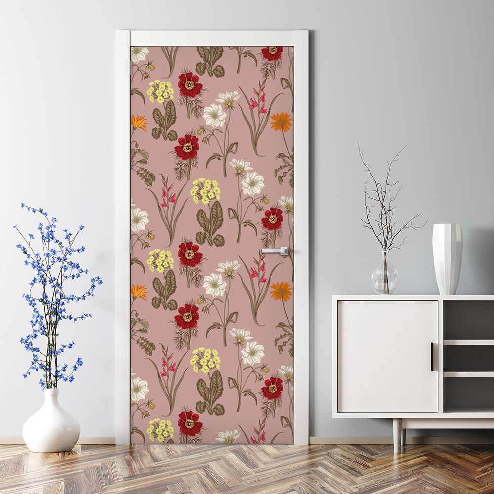 Colorful Pink Field Flowers Bubble-Free Self-Adhesive Door Sticker for Home Decor