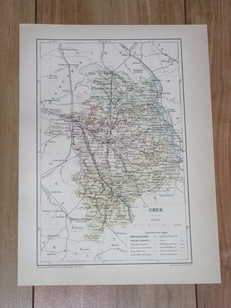 1887 Original Antique Map Of Department Of Cher Bourges / France