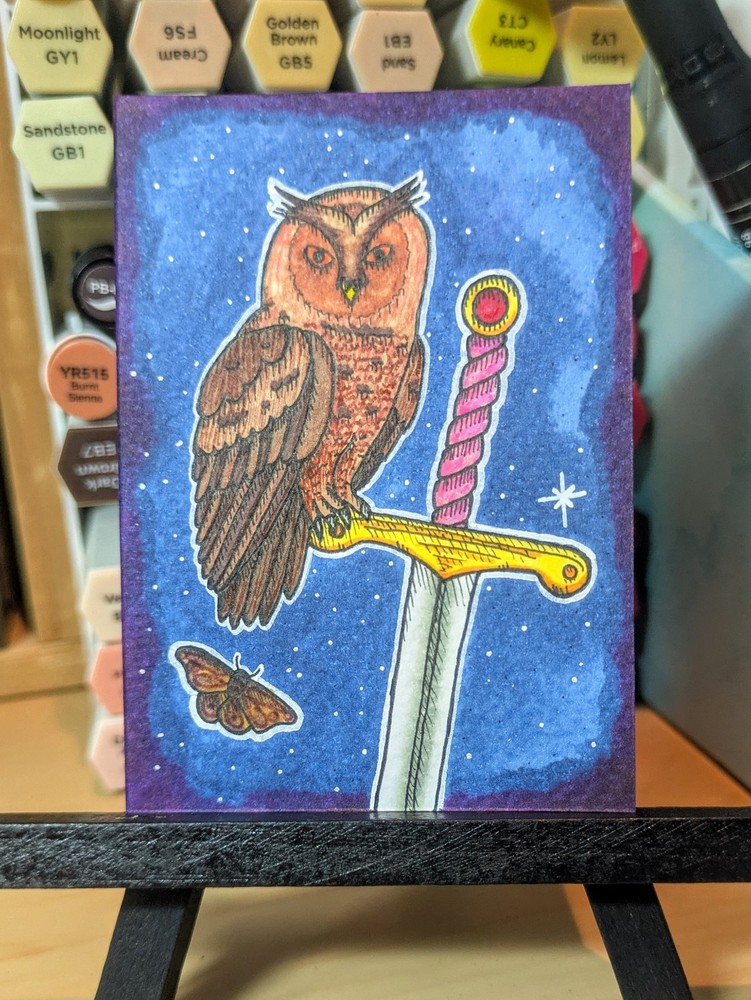 ACEO Original Art Card - Brown Great Horned Owl on Sword Moth - 2.5in x 3.5in