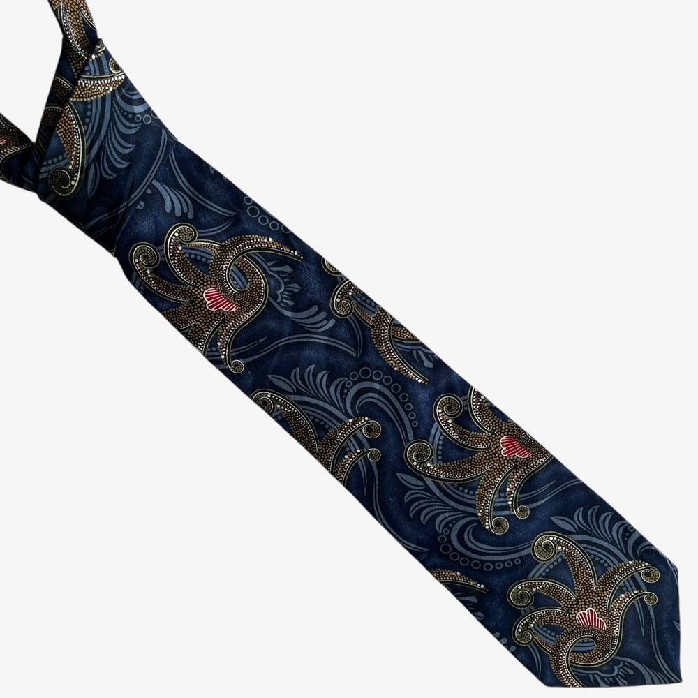 Vintage 90s Oscar De La Renta Abstract Paisley Print Blue Silk Tie, Floral 80s