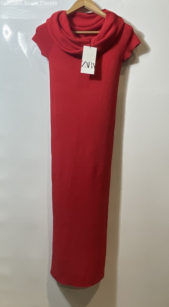 Zara Womens Red Cowl Neck Pullover Short Sleeve Sheath Dress Size S With Tag
