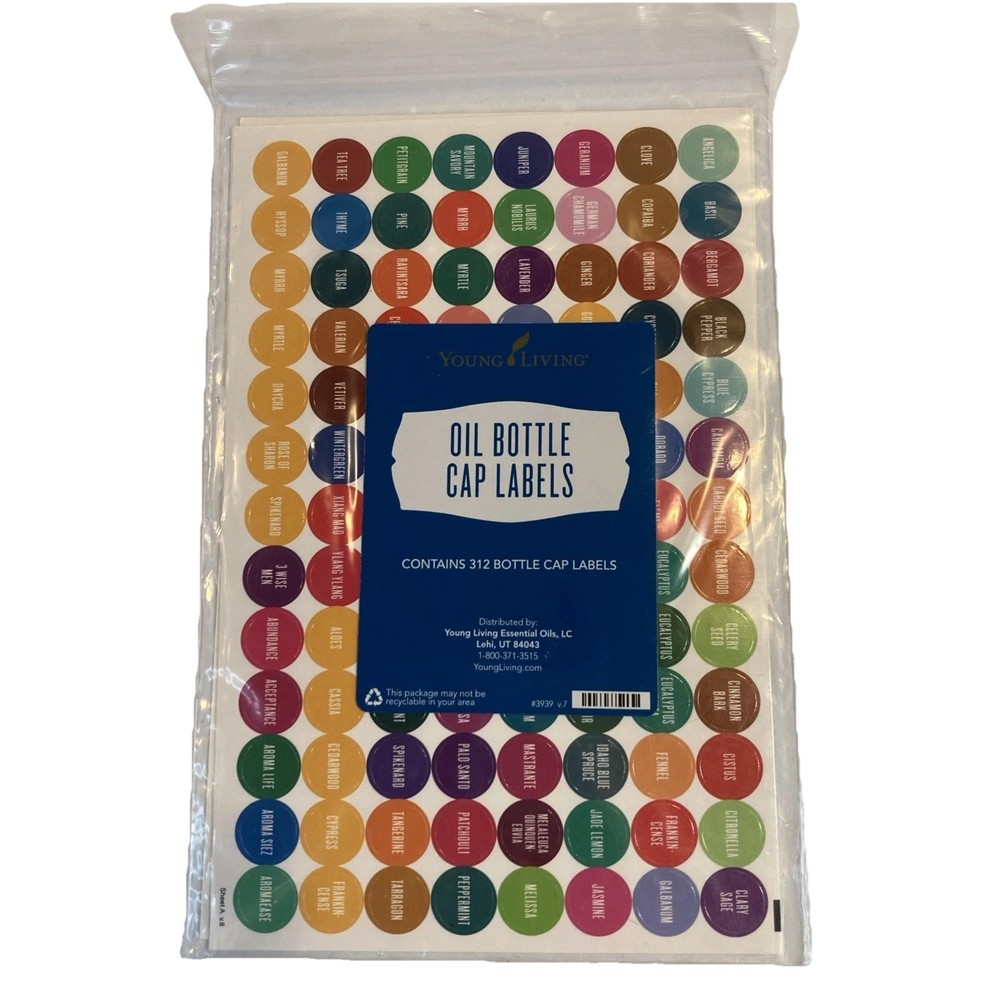 Young Living Essential Oil Bottle Cap Labels 312 Stickers 3 Sheets New