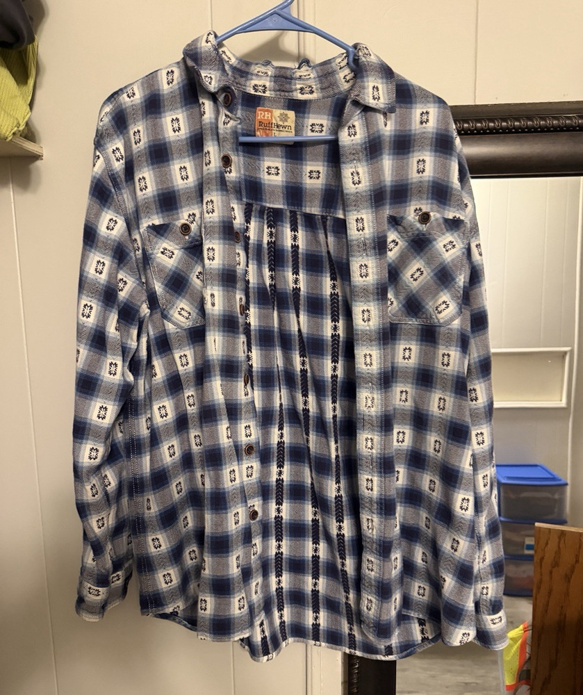 Ruff Hewn Men’s L Blue/White Plaid Long Sleeve Point Collar Button-Up Pockets