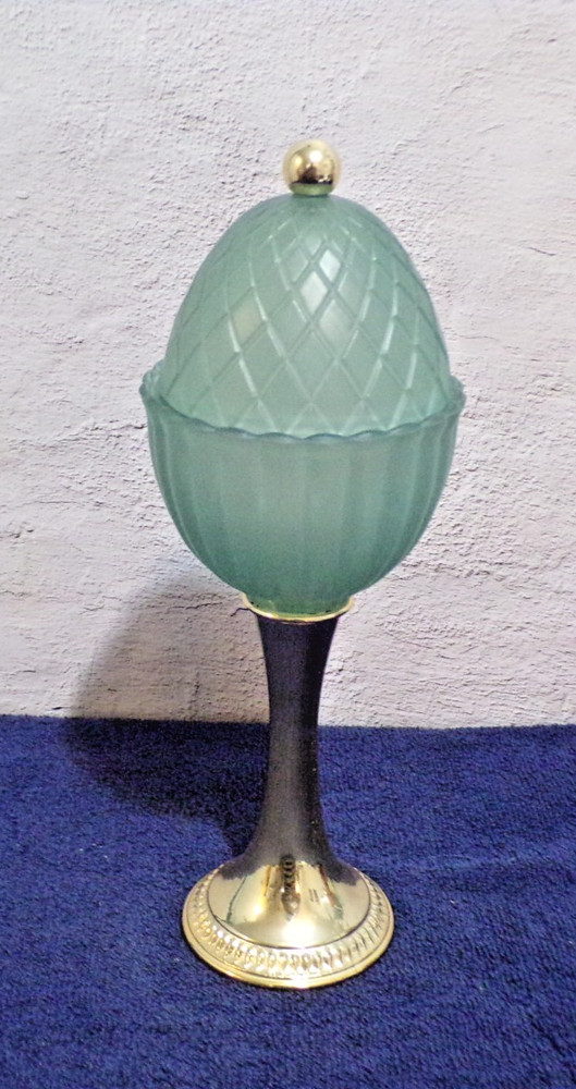 Avon Unique Green Glass Egg on Pedestal Jar Gold Accents 1968 Vintage