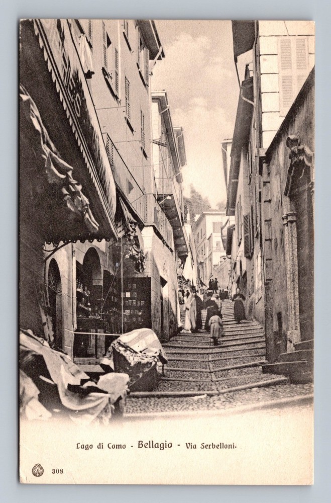 Italy- Bellagio Lake Como Serbelloni Street Shops Old Post PC Vintage Postcard