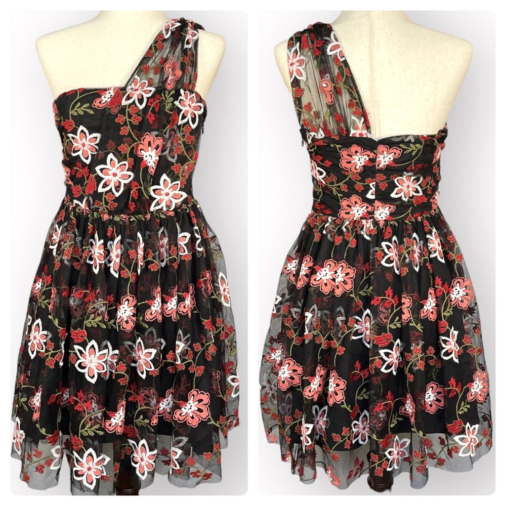 BCBGeneration One Shoulder Mini Dress Women Size 8 Multi Floral Embroidered Mesh