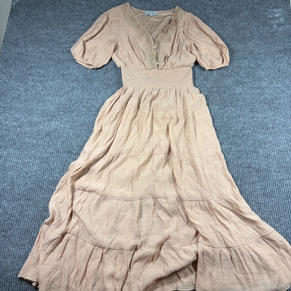 J GEE Dress Womens S Peach Boho Tiered Maxi Crochet V-Neck Smocked Waist Puff