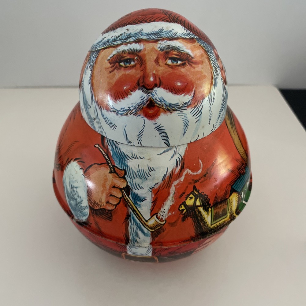 Vintage 1980 Christmas Santa Claus w/ Pipe Roly Poly Bristol Ware Tobacco Tin