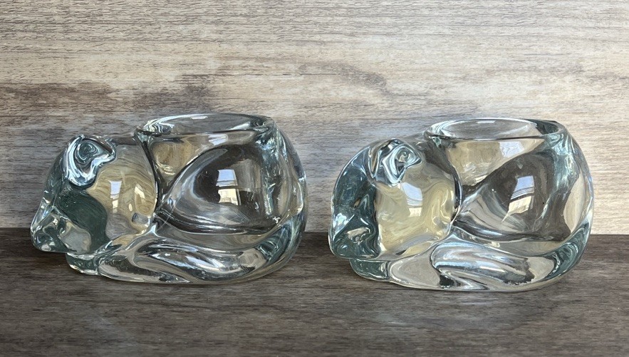 Glass Sleeping Kitten Cat Clear Votive Candle Tea Light Holders Pair