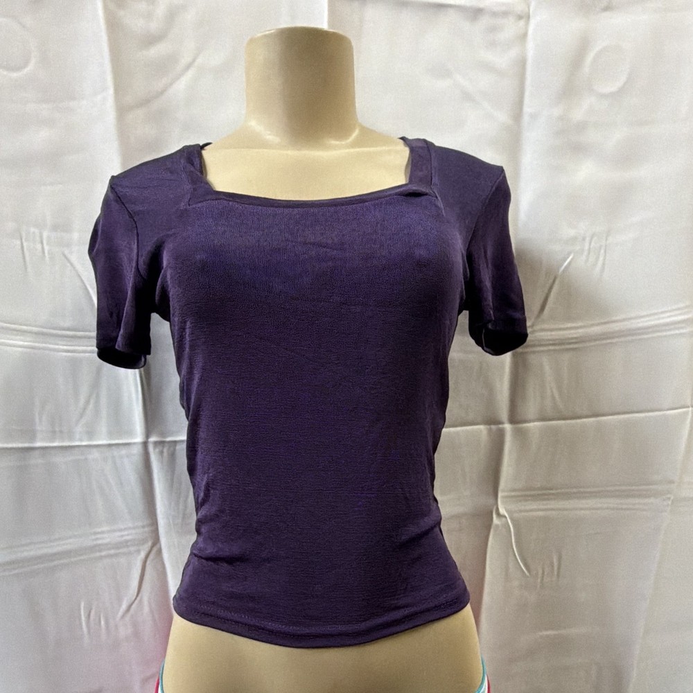 Cheryl Creations Purple Knit Acetate Lycra Top, Square Neck Short Sleeve M