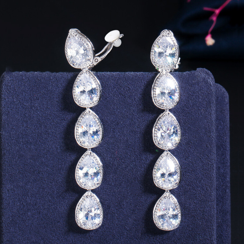 Women Silver Plated Zircon Long Water Drop Dangle Earrings Non-Piercing Clip On