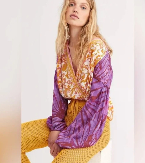 Free People Cruisin Together Mixed-Print Cropped Top NWOT Size M