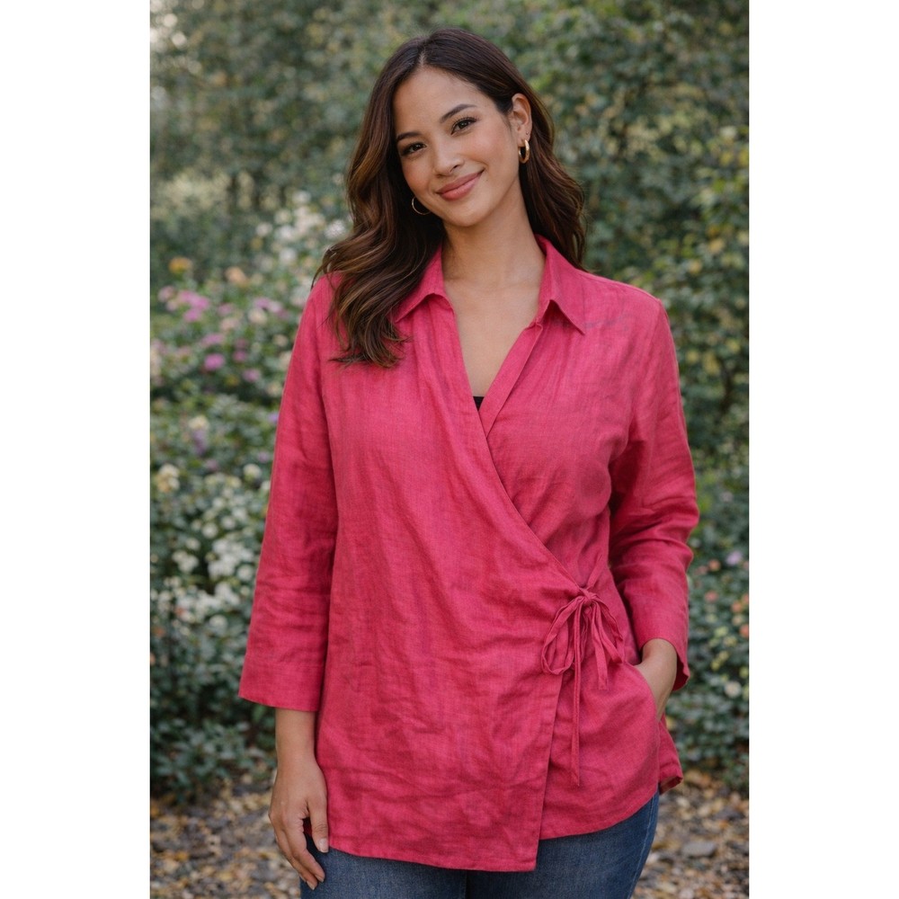 Valerie Stevens Wrap Top 100% Linen Coral 3/4 Sleeve Shirt PL (D680)