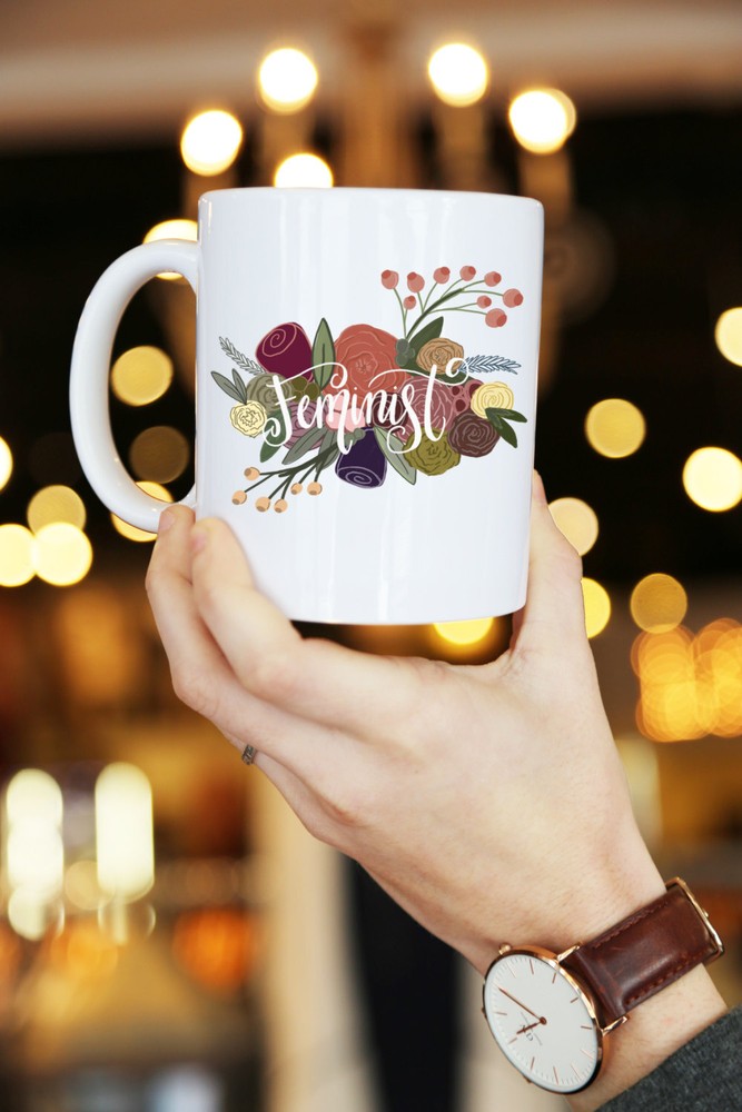 Feminist Floral Print Ilustrated Ceramic Plastic Travel Mug Drink Cup