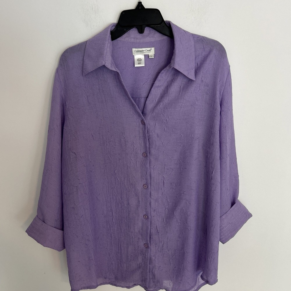 Coldwater Creek No Iron 3/4 Sleeve Large Button Down Lavender Women's Blouse