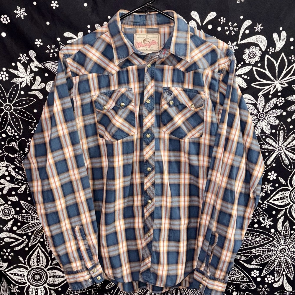 Wrangler Western Mens Small Pearl Snap Shirt Blue/Orange Plaid Long Sleeve