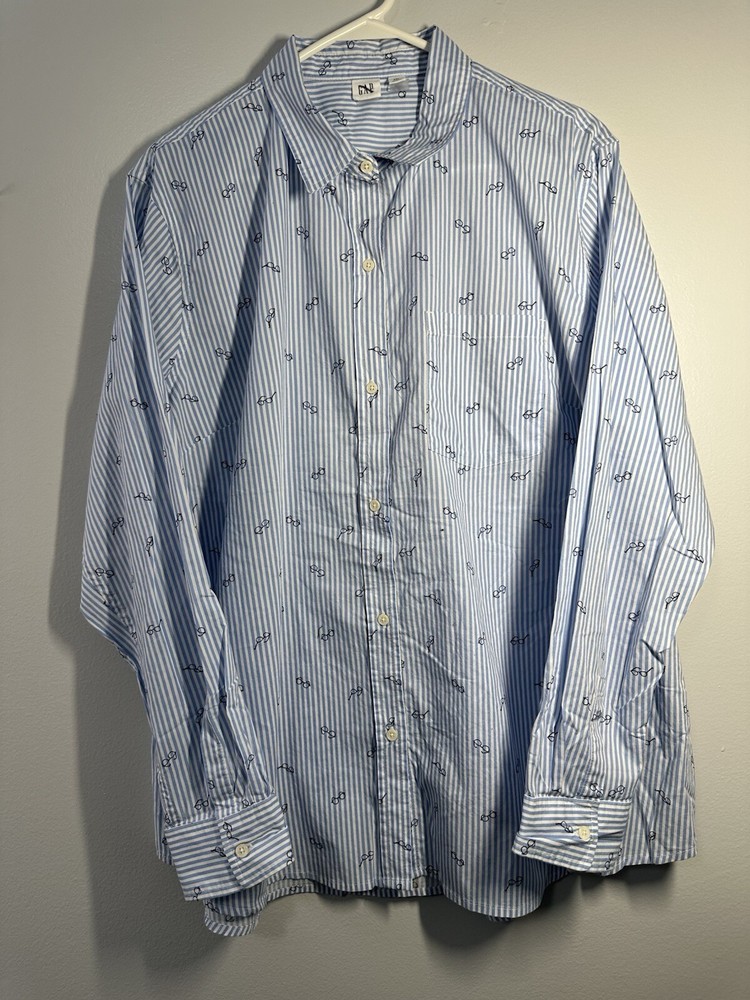 Gap Women Eyeglass Strip Blue Long Sleeve Button-Down Shirt XXL 100% Cotton