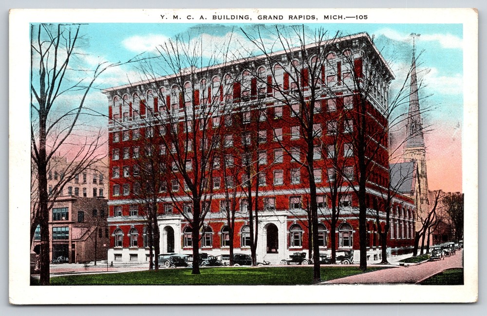 Grand Rapids Michigan~YMCA Bldg In Fall~Church Bkgd~Heyboer Vintage Postcard