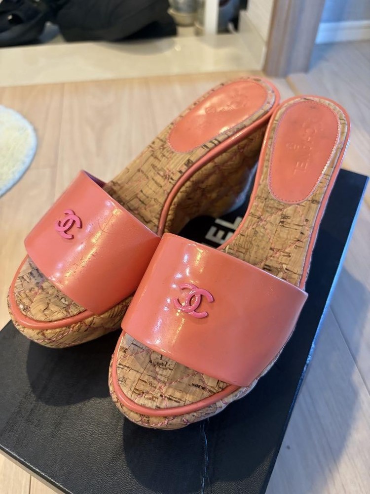 Chanel Orange Cork Wedge Sandals with Pink Stitch Size 36.5