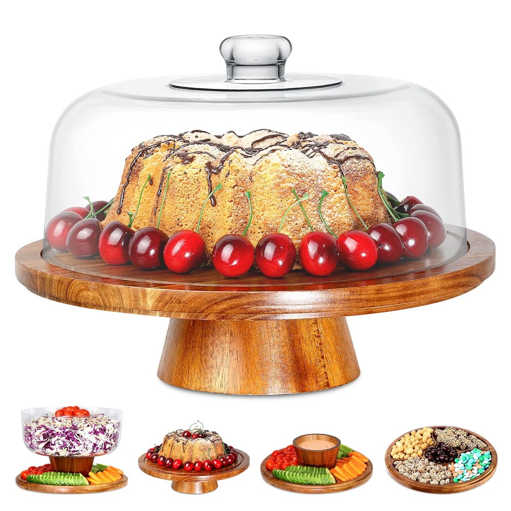 Acacia Wood 6-in-1 Multi-Functional Cake Stand with Lid and Serving Plate-image