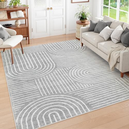 Non-Slip Washable Abstract 8x10 Area Rugs in Grey and White for Living Spaces-image