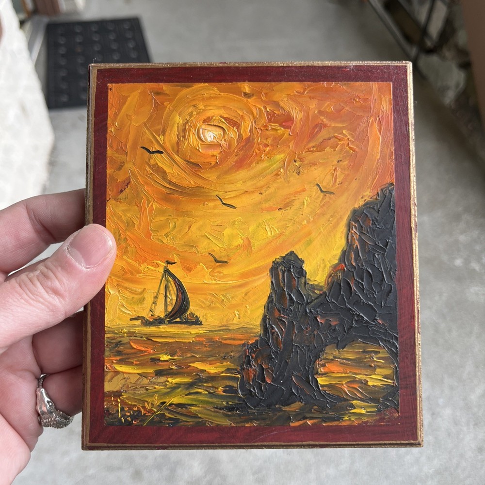 Vintage Original Small Gem Miniature Oil Painting Impressionist Seascape Signed