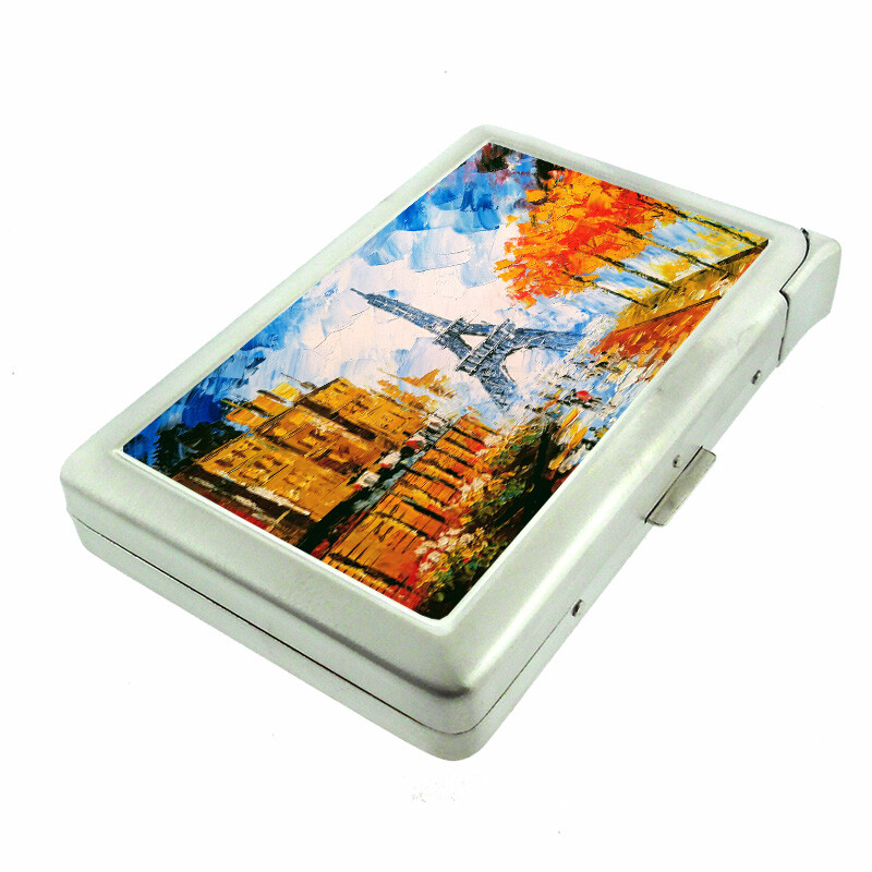 France Art Em1 100's Size Cigarette Case with Built in Lighter Metal Wallet
