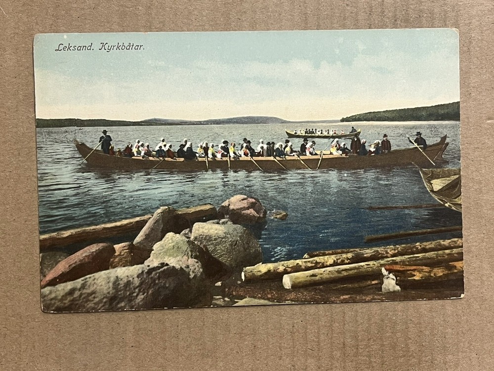 Postcard Sweden Leksand Church Boat Kyrkbatar Lake Scene Vintage PC