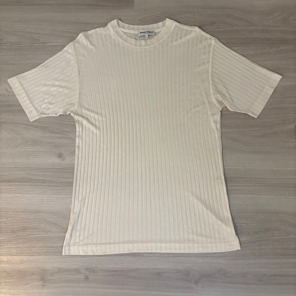 Paolo Valenzi Men T Shirt Ribbed Knit T Shirt Short Sleeve Made in Italy Cream L