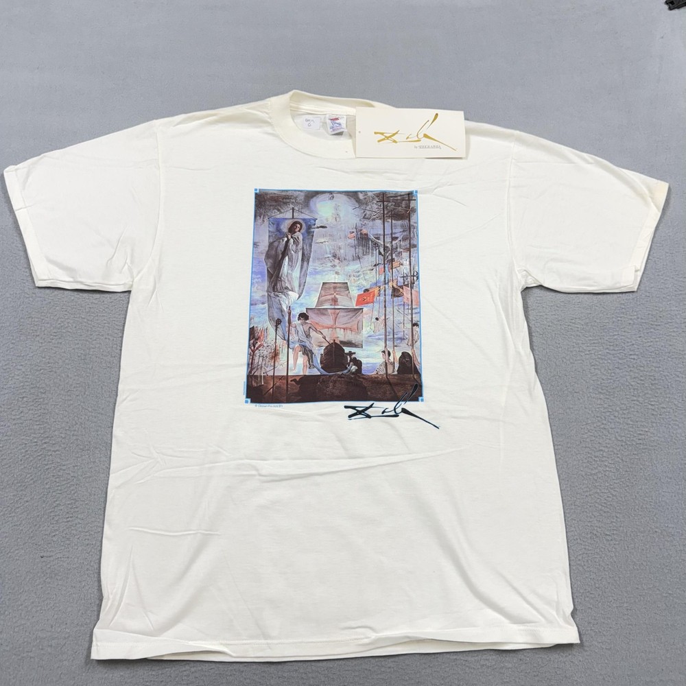Vintage Salvador Dali Jerzees Shirt Mens Large White Art Graphic Tee USA 90s