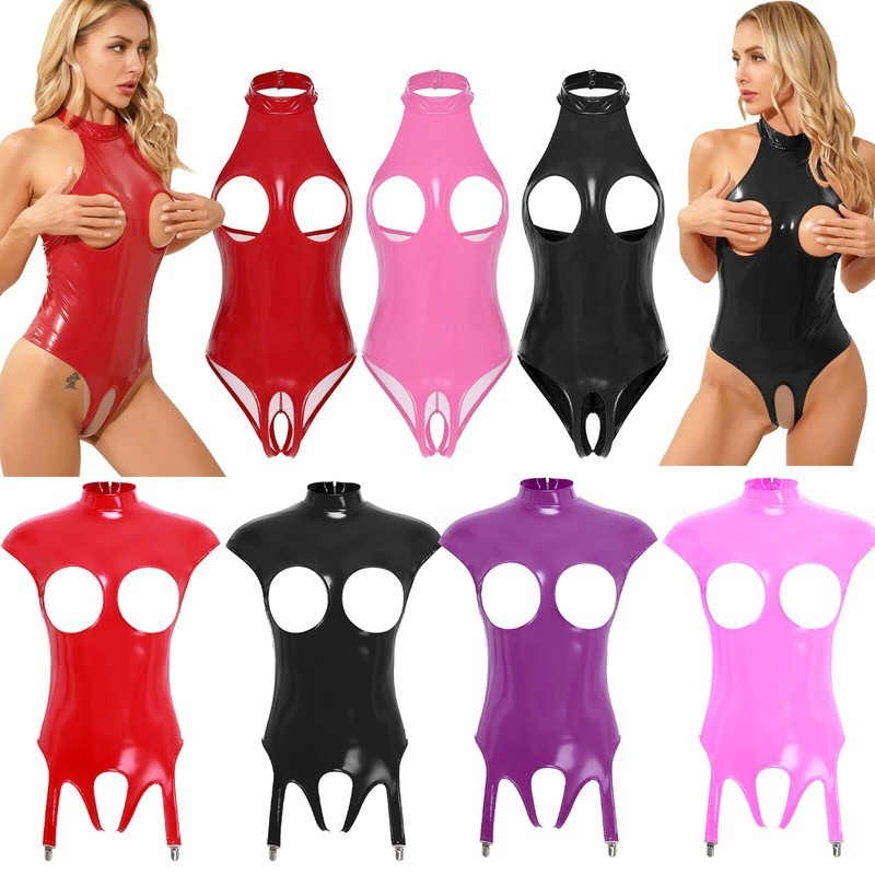 US Womens Wetlook Leather Bodysuit Mock Neck Catsuit Hollow Leotard Metal Clips