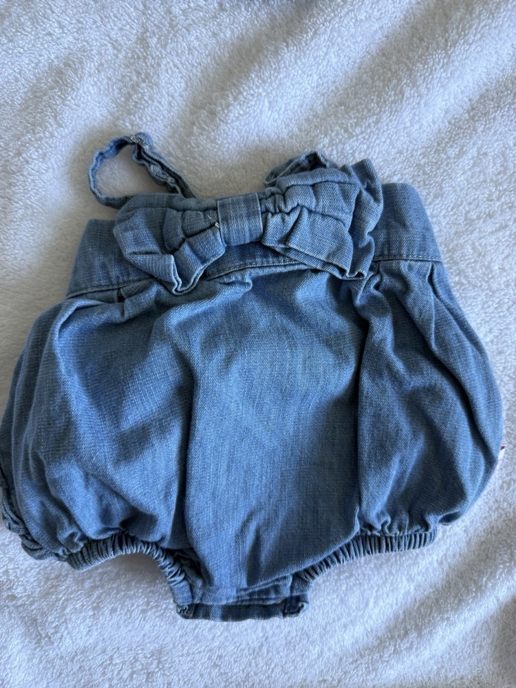 RuffleButts Blue Denim Romper Sleeveless Bow Ruffle 0-3 Months One-Piece