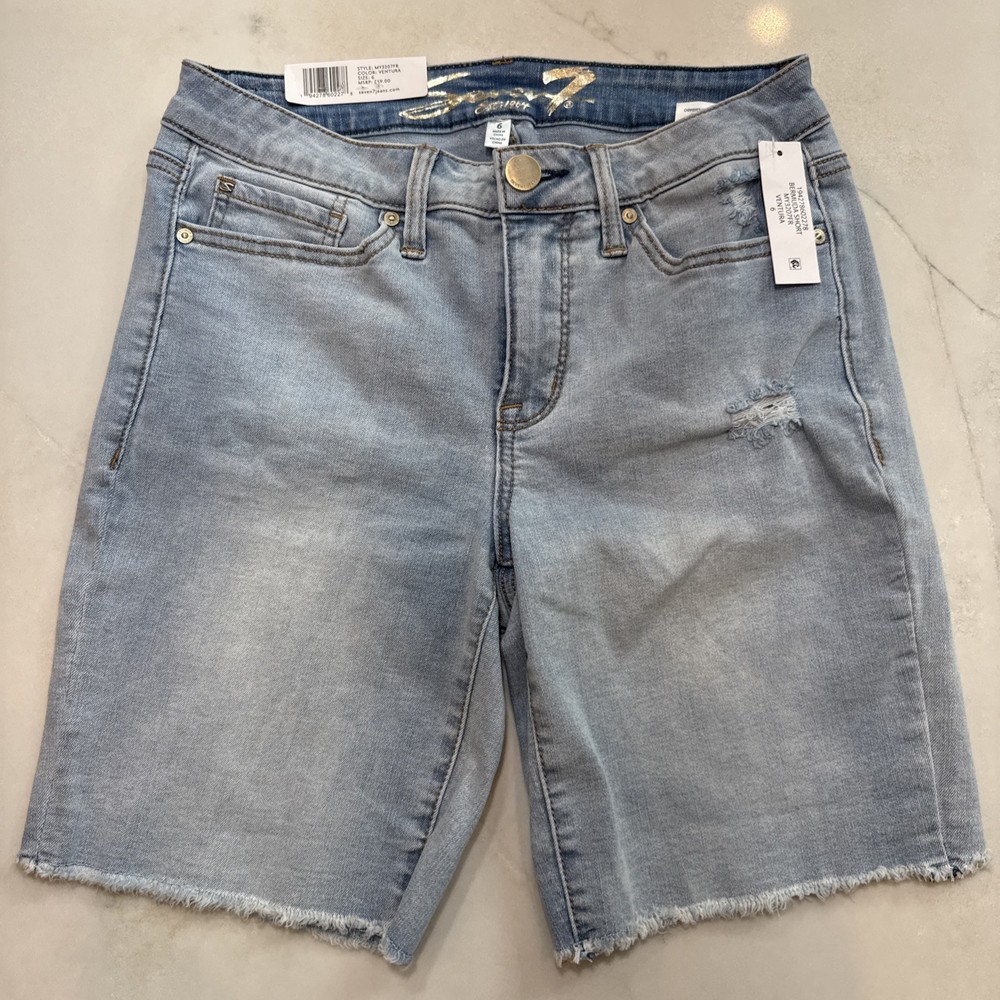 Seven7 Women Bermuda Denim Shorts Light Wash Distressed Raw Hem Size 6