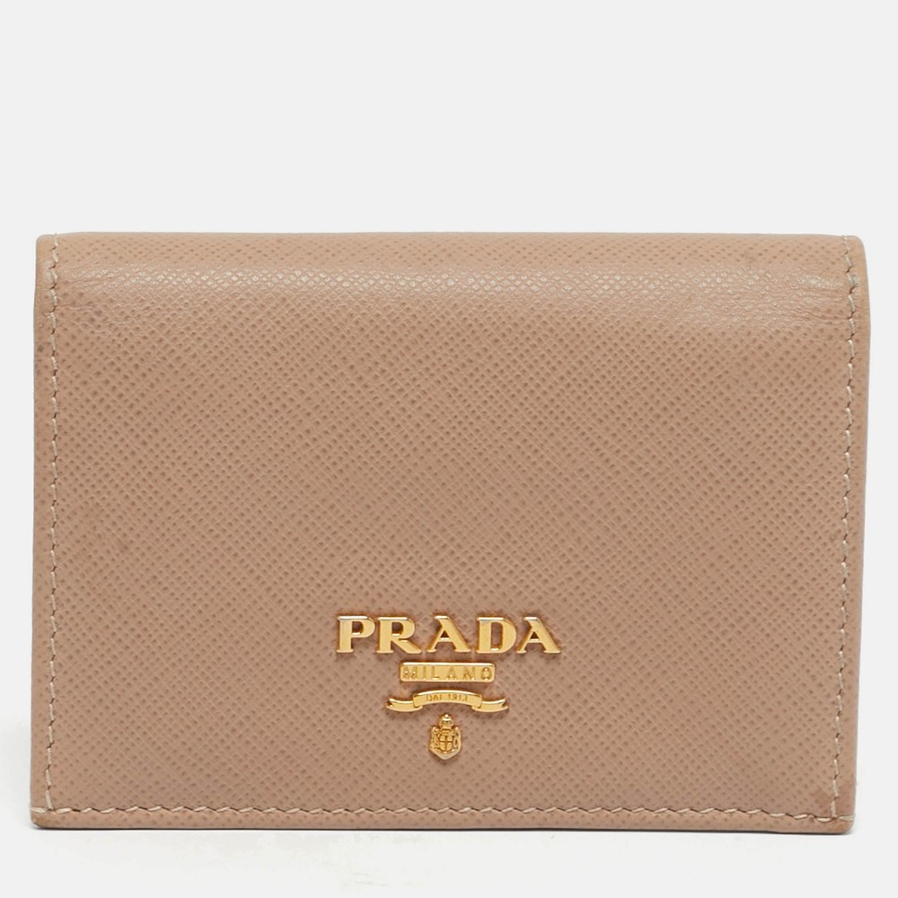 Prada Beige Saffiano Metal Leather Bifold Card Case