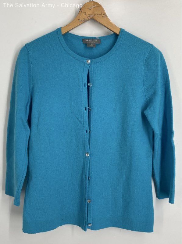 Ann Taylor Womens Blue Cashmere 3/4 Sleeve Button Front Cardigan Sweater Size S