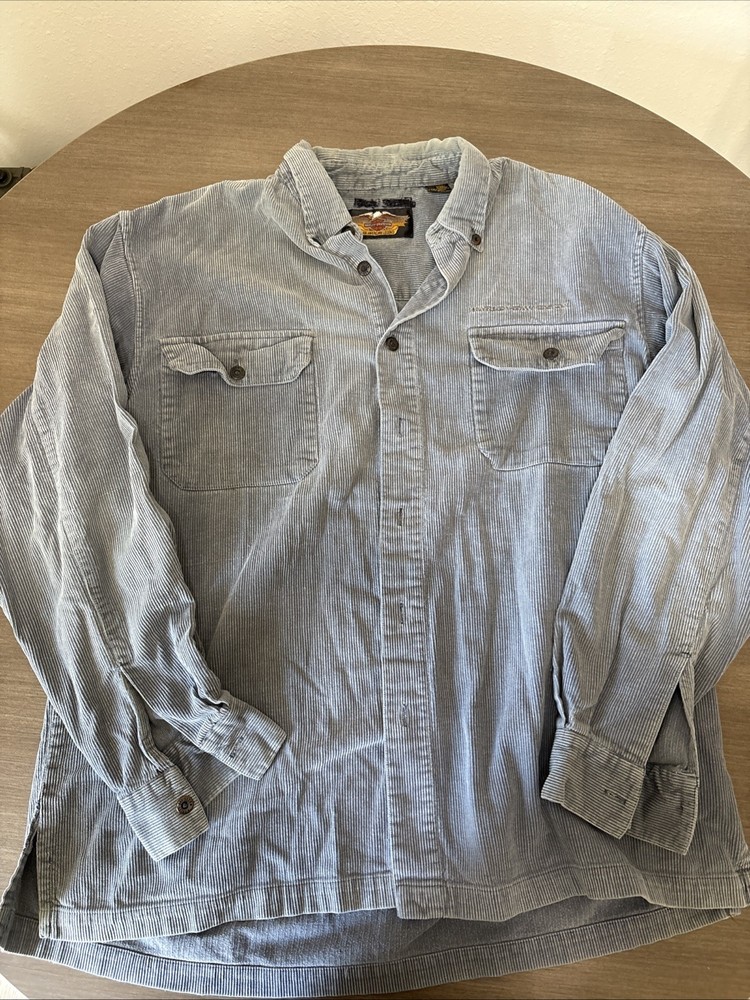 VTG Harley Davidson Shirt Mens XL Blue Corduroy Long Sleeve Embroidered Pockets