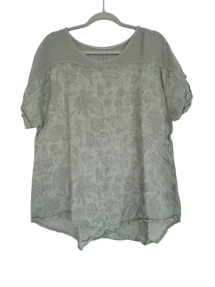 Lungo L’arno Green Linen Short Sleeve Womens 1X Lagenlook Eco Tunic Top Floral