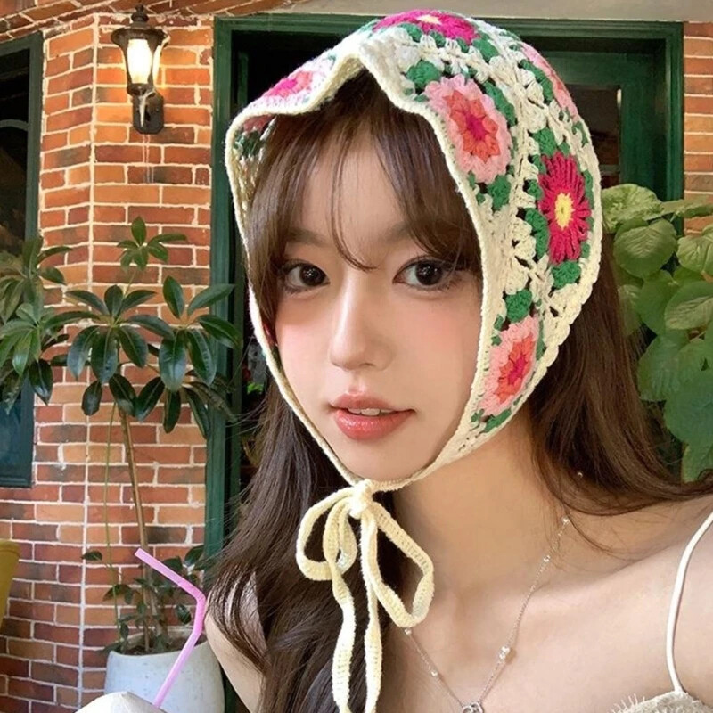 Crochet Bandana Headwrap with Floral Pattern Hair Tie Back