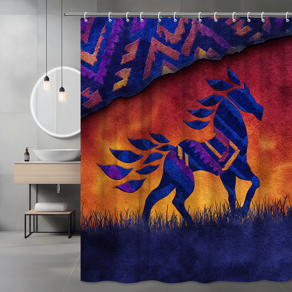 Western Horse Sunset Shower Curtain Blue Orange Graphic