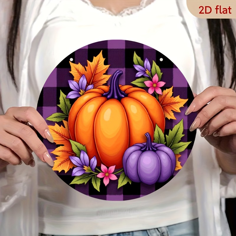 Vintage Farmhouse Autumn Pumpkin Wreath Metal Wall Decor Purple Floral Accents