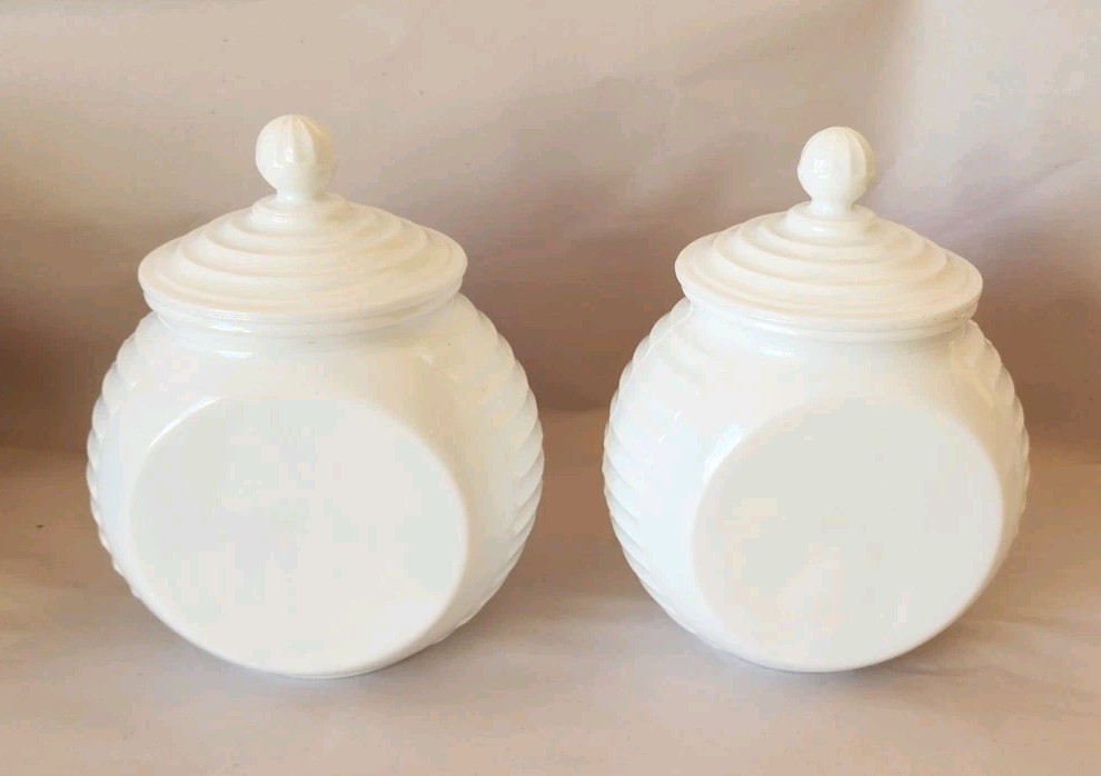Vintage Anchor Hocking?? Milk Glass Jars Beehive w/Tiered Swirl Lids (x2)