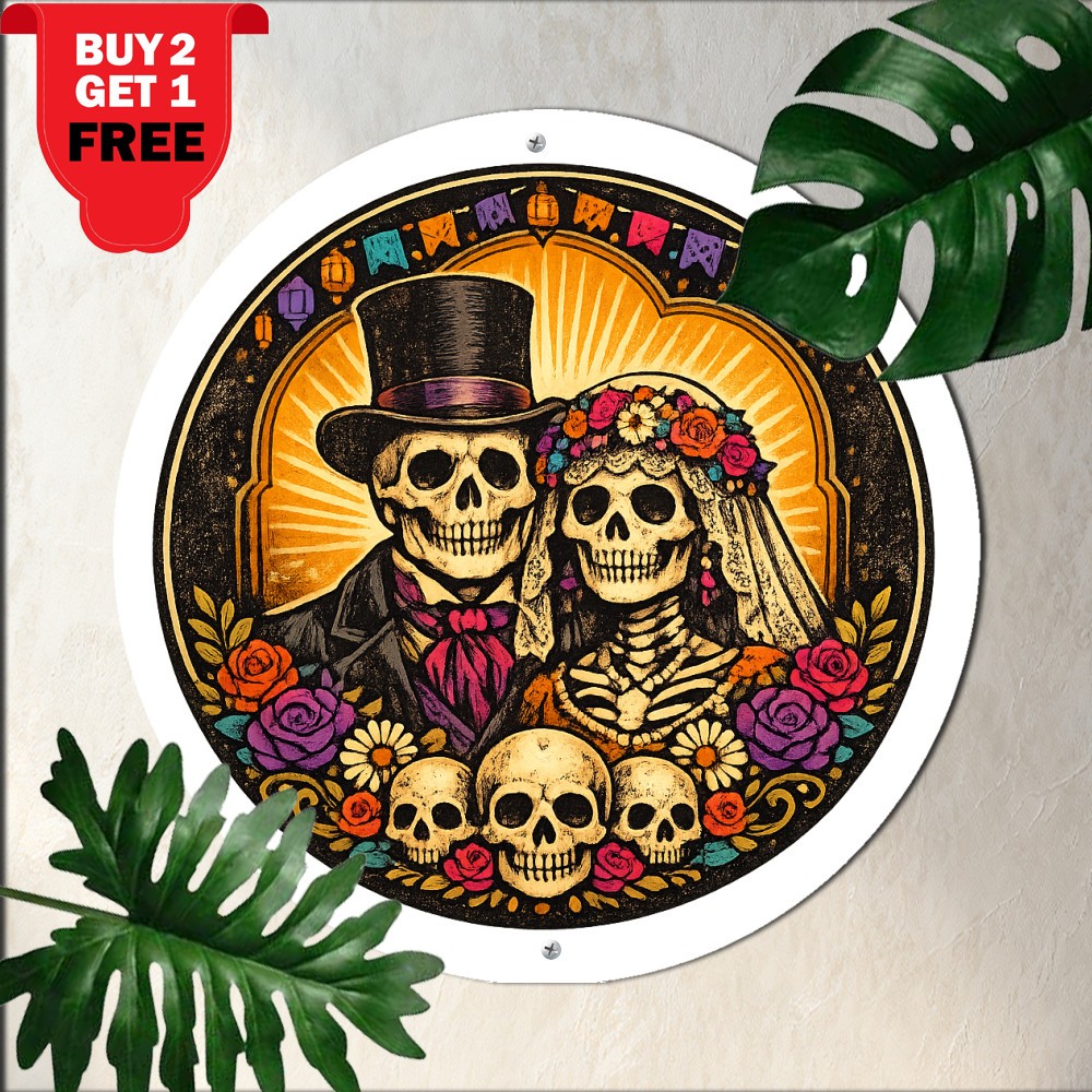 Gothic Skeleton Easter Gift Dark Humour Round Aluminum Tin Metal Sign 8x8 Decor